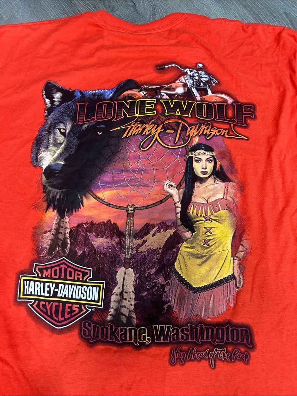 Vintage 90’s orange Harley Davidson Lone-Wolf Spokane Washington tshirt 2XL